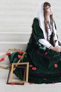 Rating: Safe Score: 0 Tags: 1girl brown_hair dress flower glasses green_dress long_hair long_sleeves red_flower rose solo suiseiseki veil User: admin