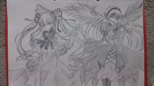 Rating: Safe Score: 0 Tags: 2girls bow dress flower frills hairband image long_hair long_sleeves looking_at_viewer monochrome multiple_girls pair rose shinku simple_background suigintou traditional_media twintails very_long_hair wings User: admin