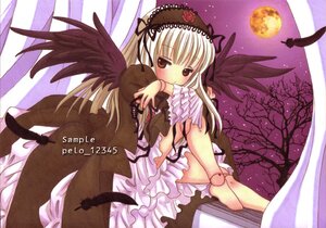 Rating: Safe Score: 0 Tags: 1girl barefoot black_wings blush crescent_moon dress feathers flower frills full_moon hairband image lolita_hairband long_hair moon rose solo suigintou tree wings User: admin
