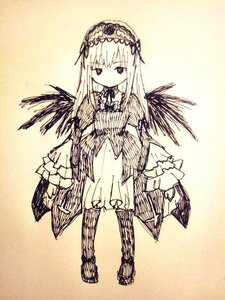 Rating: Safe Score: 0 Tags: 1girl bangs boots closed_mouth dress eyebrows_visible_through_hair feathered_wings frilled_hairband frills full_body hairband image long_hair long_sleeves looking_at_viewer monochrome pantyhose simple_background sleeves_past_wrists solo standing suigintou traditional_media very_long_hair wide_sleeves wings User: admin