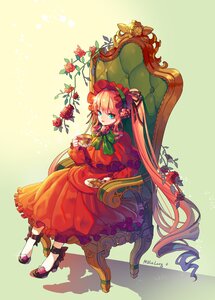 Rating: Safe Score: 0 Tags: 1girl absurdly_long_hair bangs blonde_hair blue_eyes bonnet bow capelet cup dress drill_hair flower food frills full_body green_neckwear holding image long_hair long_sleeves looking_at_viewer red_capelet red_dress red_flower red_rose rose shinku sitting solo teacup very_long_hair yellow_background User: admin