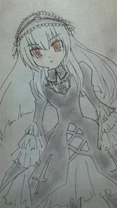 Rating: Safe Score: 0 Tags: 1girl dress flower frills hairband image long_hair long_sleeves looking_at_viewer monochrome rose solo suigintou traditional_media wide_sleeves wings User: admin