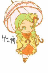 Rating: Safe Score: 0 Tags: 1girl bow chibi frills full_body green_eyes green_hair holding holding_umbrella image kanaria long_sleeves parasol rain shared_umbrella simple_background smile solo standing umbrella white_background User: admin