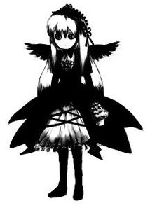 Rating: Safe Score: 0 Tags: 1girl black_wings dress full_body greyscale image long_hair long_sleeves looking_at_viewer monochrome simple_background solo standing suigintou white_background wings User: admin