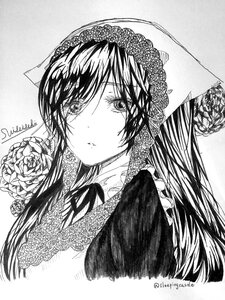 Rating: Safe Score: 0 Tags: 1girl bouquet closed_mouth flower greyscale head_scarf image lace long_hair looking_at_viewer monochrome rose solo suiseiseki traditional_media upper_body User: admin