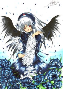 Rating: Safe Score: 0 Tags: 1girl black_wings blue_flower dress flower frills hairband image long_hair long_sleeves looking_at_viewer petals red_eyes rose silver_hair solo suigintou very_long_hair wings User: admin