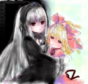 Rating: Safe Score: 0 Tags: 2girls black_dress blonde_hair bow dress flower hairband hinaichigo image long_hair long_sleeves looking_at_viewer multiple_girls pair red_eyes rose shinku silver_hair suigintou User: admin