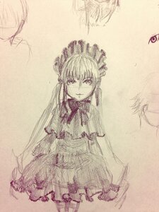 Rating: Safe Score: 0 Tags: 1girl blush dress frills image long_hair long_sleeves monochrome shinku sketch solo traditional_media twintails User: admin