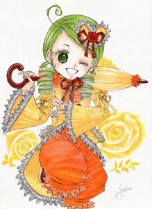 Rating: Safe Score: 0 Tags: 1girl ahoge dress drill_hair flower full_body green_eyes green_hair image kanaria long_sleeves one_eye_closed orange_dress rose signature smile solo traditional_media twin_drills User: admin
