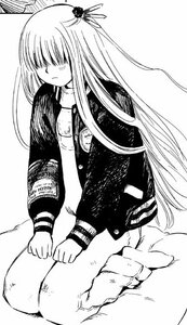 Rating: Safe Score: 0 Tags: 1girl barasuishou greyscale hair_ornament hair_over_eyes hidden_eyes image jacket long_hair long_sleeves monochrome sitting solo white_background User: admin