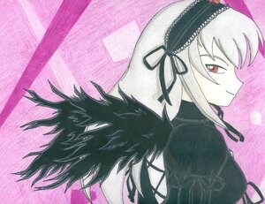 Rating: Safe Score: 0 Tags: 1girl black_ribbon closed_mouth dress flower frills hairband image juliet_sleeves long_hair long_sleeves pink_background profile puffy_sleeves red_eyes ribbon rose silver_hair smile solo suigintou wings User: admin