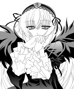 Rating: Safe Score: 0 Tags: 1girl black_wings blush dress flower frills greyscale hairband hands_clasped image long_hair long_sleeves looking_at_viewer monochrome own_hands_together rose simple_background solo suigintou upper_body very_long_hair white_background wings User: admin