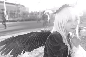Rating: Safe Score: 0 Tags: 1girl angel angel_wings bird bird_wings blurry blurry_background closed_mouth depth_of_field feathered_wings greyscale long_hair long_sleeves monochrome outdoors solo suigintou upper_body wings User: admin