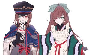 Rating: Safe Score: 0 Tags: apron bangs bow brown_hair closed_mouth gloves green_eyes hat heterochromia image japanese_clothes kimono long_hair long_sleeves looking_at_viewer multiple_girls pair red_eyes smile souseiseki striped striped_bow suiseiseki virtual_youtuber white_apron white_background User: admin
