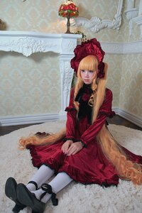 Rating: Safe Score: 0 Tags: 1girl bangs blonde_hair blue_eyes bonnet bow dress flower long_hair photo realistic red_dress rose shinku shoes sitting solo white_legwear User: admin