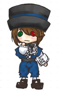 Rating: Safe Score: 0 Tags: 1girl blue_dress blush bow brown_hair chibi dress frills full_body green_eyes hat image long_sleeves short_hair solo souseiseki standing top_hat white_background User: admin