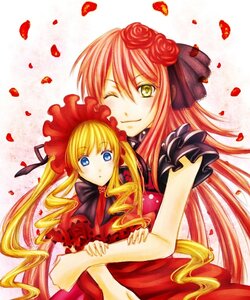 Rating: Safe Score: 0 Tags: 2girls blonde_hair blue_eyes bow dress drill_hair flower hug image long_hair multiple_girls one_eye_closed petals red_flower red_rose rose rose_petals shinku solo twintails yellow_eyes yuri User: admin