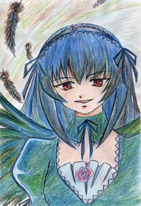 Rating: Safe Score: 0 Tags: 1girl bird colored_pencil_(medium) dress feathers flower frills hairband image lolita_hairband long_hair looking_at_viewer marker_(medium) red_eyes ribbon rose smile solo suigintou traditional_media watercolor_(medium) User: admin
