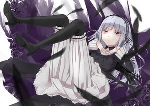 Rating: Safe Score: 0 Tags: 1girl black_flower black_rose boots choker dress feathers flower hairband high_heel_boots high_heels image long_hair looking_at_viewer lying purple_eyes rose silver_hair solo suigintou User: admin