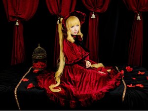 Rating: Safe Score: 0 Tags: 1girl blonde_hair blue_eyes curtain_grab curtains dress flower long_hair red_dress red_theme rose shinku sitting solo twintails very_long_hair window User: admin