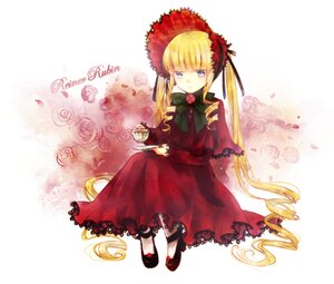 Rating: Safe Score: 0 Tags: 1girl blonde_hair blue_eyes bonnet bow bowtie cup dress drill_hair flower full_body green_bow image long_hair long_sleeves looking_at_viewer red_dress rose saucer shinku shoes sitting solo teacup twintails very_long_hair User: admin