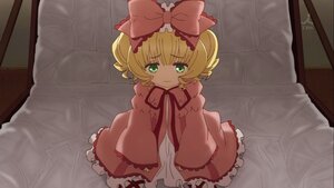 Rating: Safe Score: 0 Tags: 1girl bed blonde_hair bow dress frilled_sleeves frills green_eyes hair_bow hina_ichigo hinaichigo image indoors looking_at_viewer on_bed pillow pink_bow short_hair sitting solo wide_sleeves User: admin