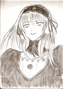 Rating: Safe Score: 0 Tags: 1girl blush dress greyscale hairband image long_hair long_sleeves looking_at_viewer monochrome rose simple_background smile solo suigintou traditional_media upper_body User: admin