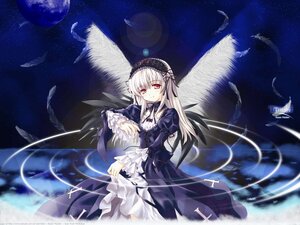 Rating: Safe Score: 0 Tags: 1girl bird black_wings dress feathers flower frills hairband image lolita_hairband long_hair long_sleeves moon night red_eyes ribbon rose silver_hair sky smile solo star_(sky) starry_sky suigintou very_long_hair wings User: admin