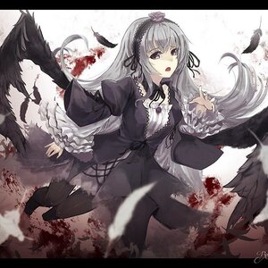 Rating: Safe Score: 0 Tags: 1girl black_feathers black_wings blood dress feathered_wings feathers flower frills hairband image letterboxed lolita_fashion lolita_hairband long_hair long_sleeves open_mouth ribbon rose silver_hair solo suigintou wings User: admin