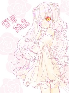 Rating: Safe Score: 0 Tags: 1girl blush dress eyepatch flower hair_flower image kirakishou long_hair looking_at_viewer monochrome rose solo two_side_up wavy_hair white_rose yellow_eyes User: admin