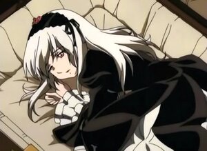 Rating: Safe Score: 0 Tags: 1girl dress frills hairband image long_hair long_sleeves looking_at_viewer lying on_side pillow smile solo suigintou User: admin