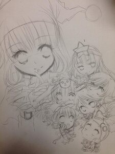 Rating: Safe Score: 0 Tags: 6+girls blush bow closed_eyes graphite_(medium) greyscale hair_ornament image monochrome multiple multiple_girls sketch smile tagme traditional_media User: admin