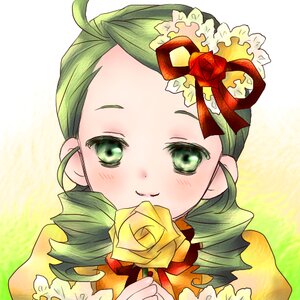 Rating: Safe Score: 0 Tags: 1girl blush flower green_eyes green_hair hair_ornament holding_flower image kanaria looking_at_viewer portrait red_flower red_rose rose smile solo yellow_flower yellow_rose User: admin