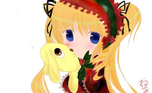 Rating: Safe Score: 0 Tags: 1girl blonde_hair blue_eyes blush dress flower hairband image long_hair rose shinku simple_background solo white_background User: admin