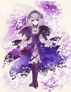 Rating: Safe Score: 0 Tags: 1girl black_wings boots dress flower frills hairband image long_hair long_sleeves looking_at_viewer purple_dress ribbon rose solo suigintou wings User: admin