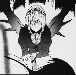 Rating: Safe Score: 0 Tags: 1girl black_wings dress greyscale image long_sleeves monochrome puffy_sleeves ribbon sitting solo suigintou wings User: admin