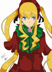 Rating: Safe Score: 0 Tags: 1girl blonde_hair blue_eyes bonnet bow bowtie capelet dress flower green_bow green_neckwear image long_hair long_sleeves looking_at_viewer red_dress rose shinku sidelocks signature simple_background solo twintails upper_body white_background User: admin