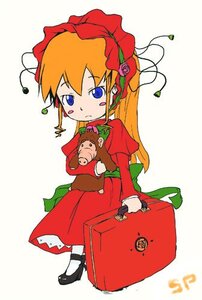 Rating: Safe Score: 0 Tags: 1girl blonde_hair blue_eyes dress flower hat head_scarf image long_hair long_sleeves red_dress rose shinku solo User: admin