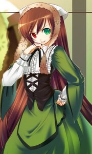 Rating: Safe Score: 0 Tags: 1girl brown_hair corset dress frills green_dress green_eyes hand_on_hip head_scarf heterochromia image long_hair long_sleeves looking_at_viewer red_eyes smile solo standing suiseiseki very_long_hair User: admin