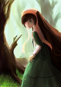Rating: Safe Score: 0 Tags: 1girl brown_hair dress forest green_dress green_eyes head_scarf heterochromia image long_hair long_sleeves looking_at_viewer looking_back nature outdoors red_eyes smile solo standing suiseiseki sunlight tree very_long_hair User: admin