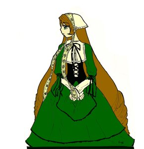 Rating: Safe Score: 0 Tags: 1girl brown_hair dress green_dress green_eyes image long_hair long_sleeves profile puffy_sleeves simple_background solo standing suiseiseki very_long_hair User: admin