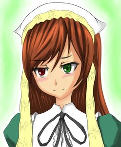 Rating: Safe Score: 0 Tags: 1girl auto_tagged blush brown_hair dress green_background green_eyes head_scarf heterochromia image long_hair long_sleeves looking_at_viewer red_eyes ribbon solo suiseiseki upper_body User: admin
