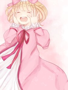 Rating: Safe Score: 0 Tags: 1girl blonde_hair blush closed_eyes dress hinaichigo image long_sleeves open_mouth pink_bow pink_dress ribbon short_hair smile solo striped User: admin