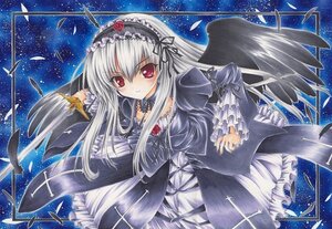 Rating: Safe Score: 0 Tags: 1girl black_wings dress feathers flower frills gothic_lolita hairband image lolita_fashion long_hair long_sleeves marker_(medium) night red_eyes rose silver_hair sky solo star_(sky) starry_sky suigintou traditional_media wings User: admin