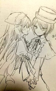 Rating: Safe Score: 0 Tags: 2girls blush capelet dress eye_contact hat image long_hair looking_at_another monochrome multiple_girls open_mouth pair sketch smile souseiseki suiseiseki traditional_media yuri User: admin