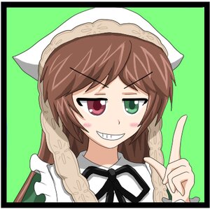 Rating: Safe Score: 0 Tags: 1girl border brown_hair green_background green_eyes grin hat head_scarf heterochromia image letterboxed long_hair looking_at_viewer maid red_eyes ribbon simple_background smile solo suiseiseki User: admin