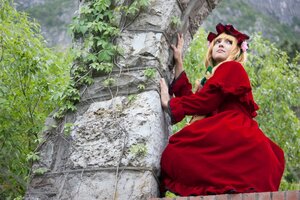 Rating: Safe Score: 0 Tags: 1girl blonde_hair blue_eyes day dress long_sleeves outdoors realistic red_dress shinku sitting solo User: admin