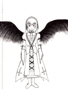 Rating: Safe Score: 0 Tags: 1girl bangs boots closed_mouth dress full_body greyscale hairband image long_sleeves looking_at_viewer monochrome ribbon solo standing suigintou white_background wings User: admin
