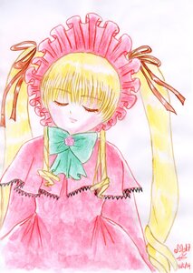 Rating: Safe Score: 0 Tags: 1girl artist_name blonde_hair bonnet bow bowtie closed_eyes dated dress frills hair_ribbon image long_hair long_sleeves pink_dress ribbon shinku signature solo traditional_media twin_drills twintails upper_body User: admin