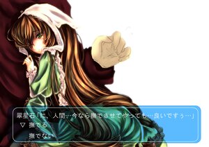 Rating: Safe Score: 0 Tags: 1girl brown_hair dress frills green_dress green_eyes image long_hair long_sleeves looking_at_viewer looking_back solo striped_background suiseiseki very_long_hair User: admin